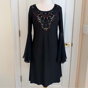Sue Wong Black Embellished Dress flare sleeves Size 6 Like New